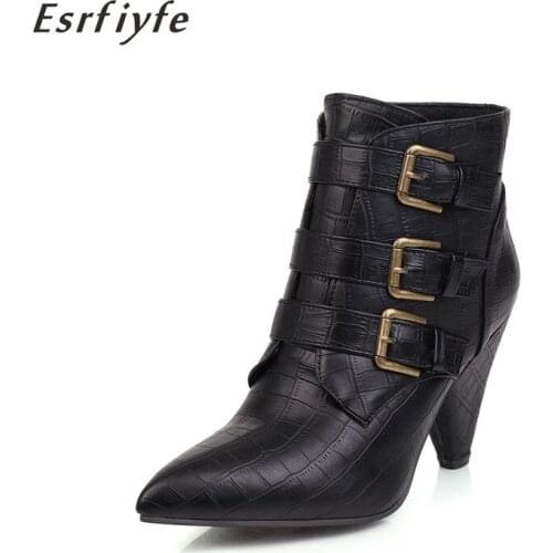 ESRFIYFE Womens Western Boots Vintage Hollow Ankle Boots Pointed Toe Rubber Boots High Heels Autumn Winter Buckle Short Boots