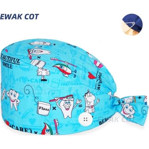 Teeth Printed Cotton Surgicals Cap with Buttons and Sweat-absorbent Towel Women Men Cartoon Scrub Hat
