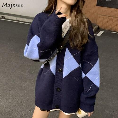 Cardigan Women Loose Long Sleeve England Style Argyle Pattern Elegant Spring Autumn Female All-match Trendy Preppy V-neck Casual