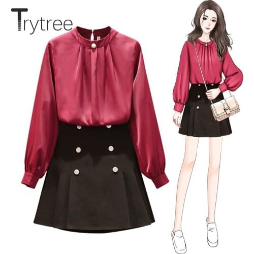 Trytree 2021 Spring Summer Two piece set Casual Solid Silky Blouse + Elastic Waist A-line MIni Skirt Office Lady 2 Piece Set