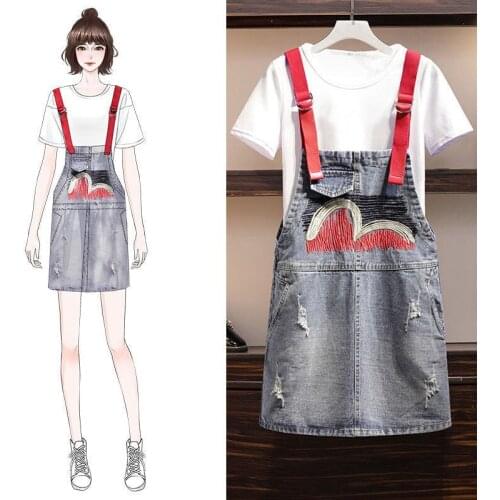 Skirt Suit Age Reduction T-shirt Ripped Suspenders Denim Dress Children Korean Loose Suit Summer Women Two-piece Women