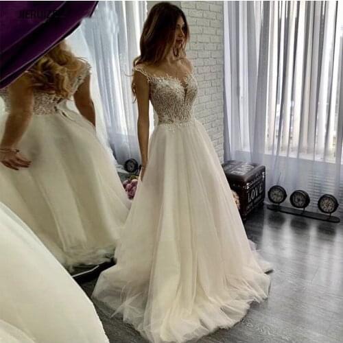 JIERUIZE Luxury Lace Boho Wedding Dresses A-line Cap Sleeves Buttons Back Summer Bridal Wedding Gowns Vestido De Novia