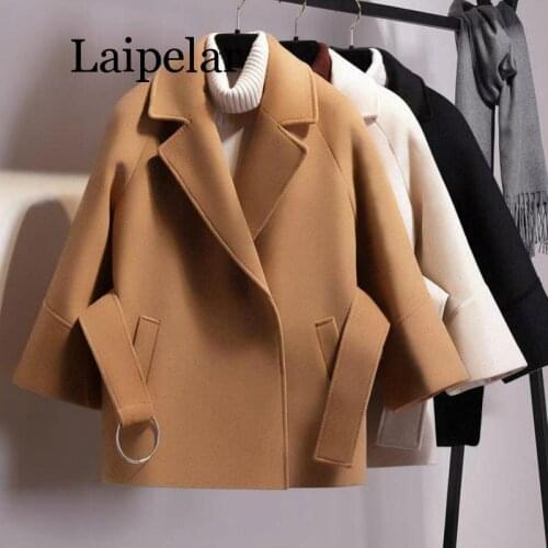 Laipelar Women Short Woolen Coat Belt Jacket