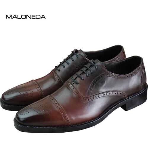 MALONEDA Handmade Mens Formal Dress Shoes 100% Genuine Leather Goodyear Welted Brogue Oxfords Shoes For Business Wedding Party