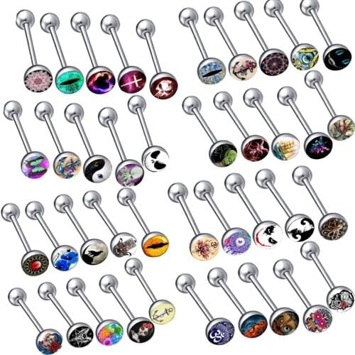 JUNLOWPY Mix Different Logos 50pcs Wholesale Tongue Barbells Earring Fashion Body Jewelry Women Nipple Rings Industrial Ear Kit