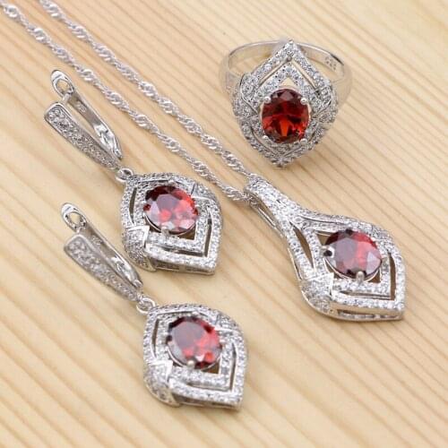 925 Sterling Silver Jewelry Sets Red White Cubic Zirconia Pendant Necklace Ring Earrings For Women Accessories