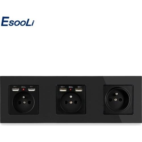 Esooli 3 Gang Black French Standard Wall Socket With Dual USB Charging Port + 1 Gang French Socket 258*86mm Crystal Glass Panel