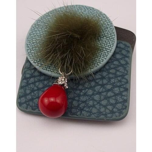 New Fashion Exaggerated Handmade Leather Green Rabbit Hair Rhinestone Drop Red Stone Accessories Brooch Pin 2018 Item NO.: TA002