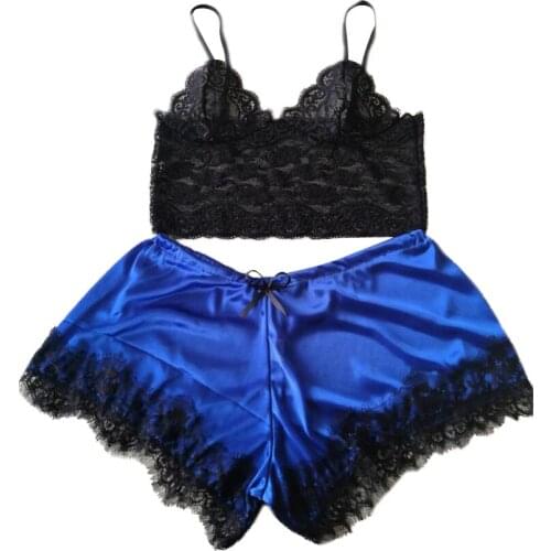 New Sexy Lace Women Pajamas Set V Neck Strap Bra Babydoll Silk Thin Shorts Section Lingerie Backless Fashion Exotic Set Pajamas