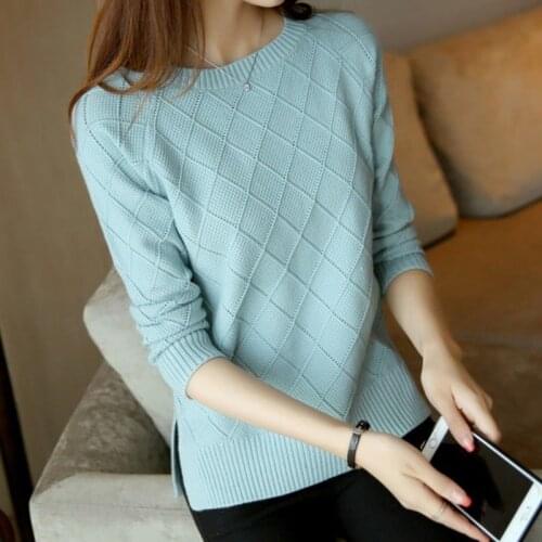 Autumn And Winter New Sweater Ladies Loose Round Neck Thin Pullover Solid Color Hem Split Knit Hollow Stitching Bottoming Shirt