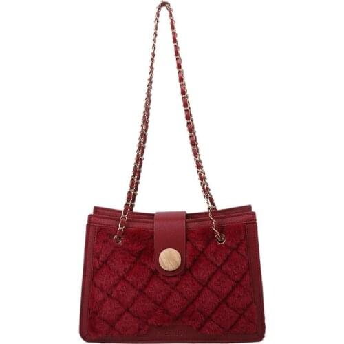 2020 Winter Plush Shoulder Bag Female PU Leather Plaid Small Square Bag Luxury Armpit Bag Lady Handbag Designer Wallet