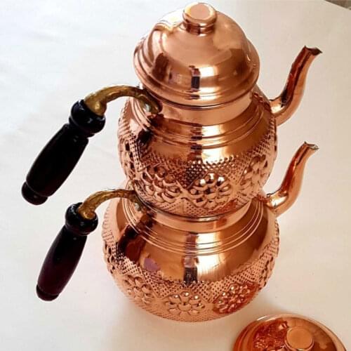 Turkish Copper Teapot Kettle Handmade 4 Pieces Kitchen Set Traditional Tea Coffee Boiler Wooden Handle Gift Made in TURKEY 1.9lt