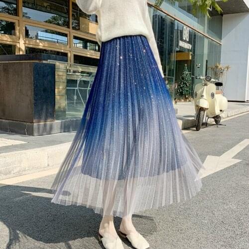 Spring Summer Top Fashion Metallic Shine Gradient Starry Fairy Maxi Long Pleated Tulle Skirts