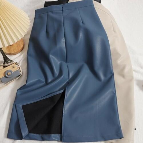 New Autumn Winter Faux Leather Skirt Womens High Waisted Back Slit Midi PU Skirts Korean Fashion Slim Hip Package Faldas Mujer