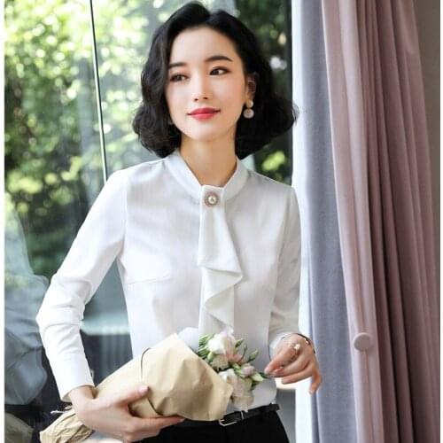 Women Blouses & Shirts with Necktie Office Ladies Tops Long Sleeve Work Wear Clothes White