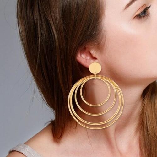 Fashion Retro Geometric Irregular Big Circle Pendant Earrings Metal Hollow Size Multilayer Circle Long Womens Accessories