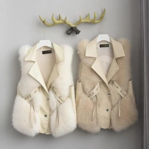 2021 Winter Faux Fox Fur Leather Stitching Vest Korean Loose Warm Sleeveless Slim Coat Women Fashion 6 Colors Streetwear Parkas