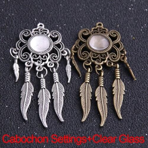2pcs 10mm Alloy Two Color Vintage Tree Leaf Feather Wings Fame Style Round Cabochon Necklace Pendant For Diy Make