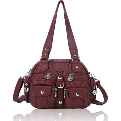 Angel Kiss Brand Hot Selling PU Leather Women Handbag Roomy Capacity Lady Shoulder Bag with Two Compartments and Many Pockets