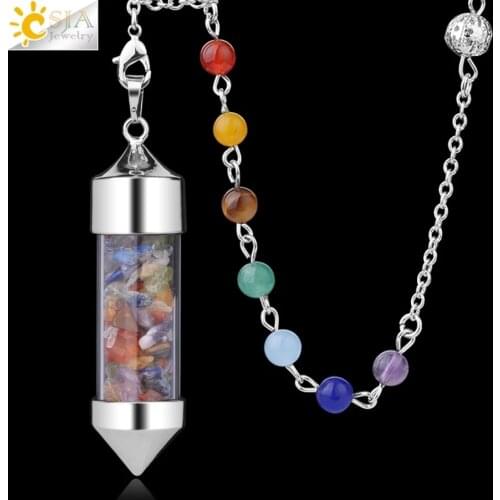 CSJA New Arrival 7 Chakra Wishing Bottle Pendulum Reiki Natural Chip Stone Pendant Necklace for Women Men Divination Amulet F976