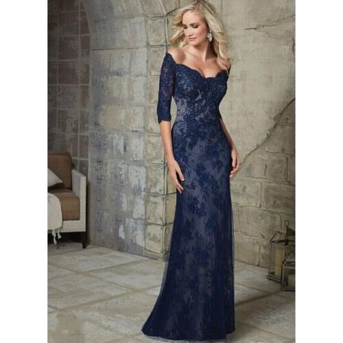 Design Navy Blue Lace Mermaid Evening Dress 2015 Party Formal Long Evening Dress Gowns With Sleeves Vestido De Festa