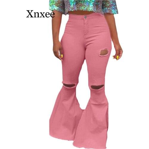 Mom boyfriend Jeans Women push up Hole Flares Jeans Streetwear Zipper Pants Boot Cut Denim Pants Ladies Long Wide Leg Trousers