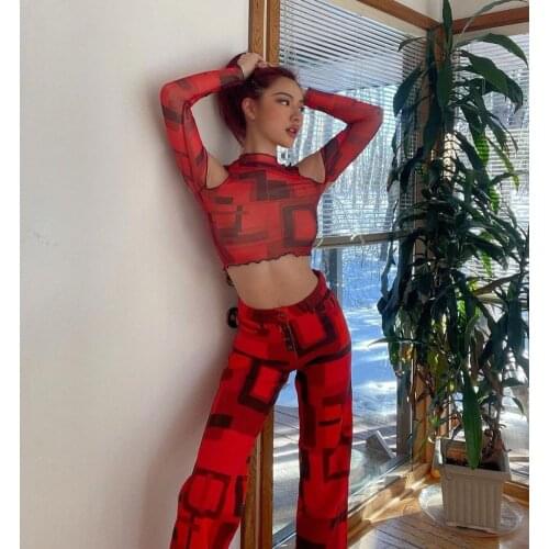 Forefair Vintage Red Mesh See Through Tops Female Sexy Off Shoulder Crop Shirt Summer Women 2021 Fashion Streetwear Party Club