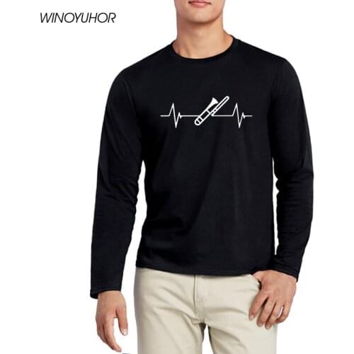 Trombone Heartbeat Print T-Shirt Men Spring Fashion Casual Long Sleeve T Shirt Cotton Men Funny Fitness Tops Tees
