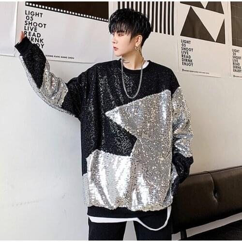 Fashion shirt men shirt irregular splice Full sequin Drop Shoulder Bat Sleeve teenage korean shirt mens personality stage B459