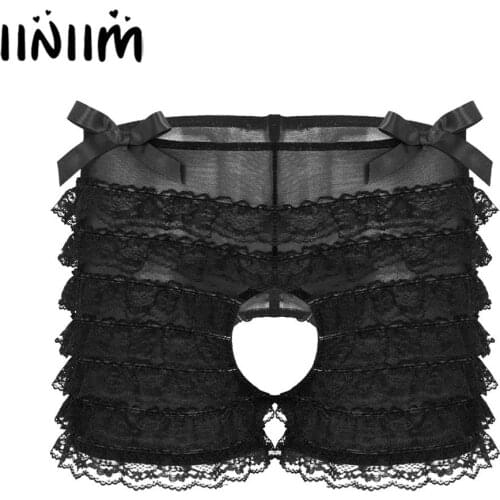 Mens Sissy Floral Lace Lingerie Gay Pouch Sissy Panties Open Butt Crotchless Frilly Ruffled Lace Briefs Boxer Shorts Underwear