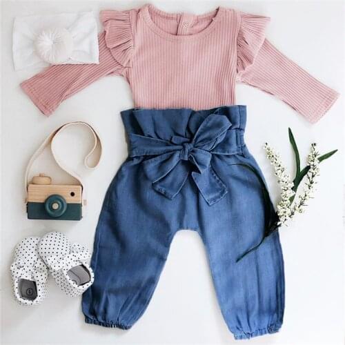 Baby Girl Clothes 2019 autumn Winter Cotton Soft Newborn Infant Baby Girl Jumpsuit Romper Bowknot Pants 2Pcs Outfits Sets
