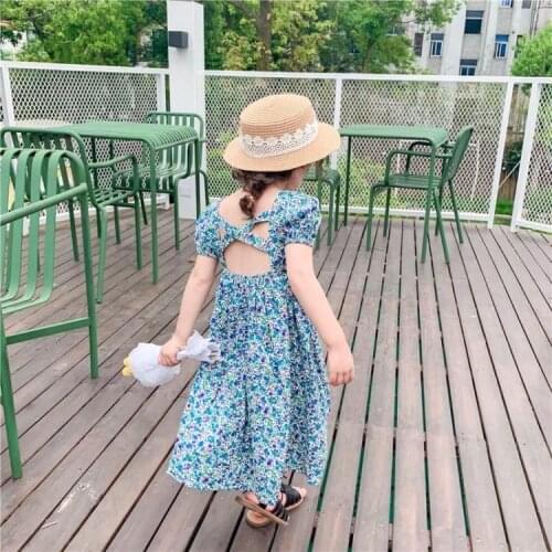Girls Floral Dress 2021 Summer New Childrens Hollow Open Back Princess Dress Kids Puff Sleeve Girl Vest Dresses Baby Clothes