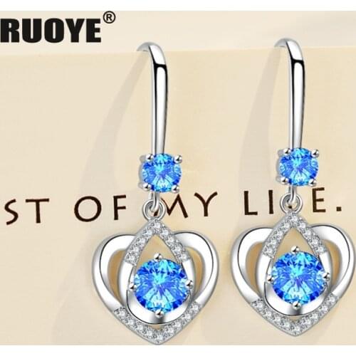 925 Sterling Silver Earrings Blue Pink White Crystal Heart Earring For Women Romantic Jewelry 2021 New