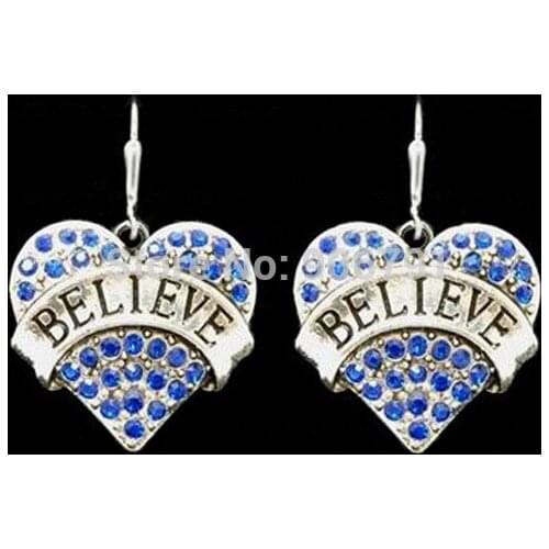 Newest Styles rhodium plated BELIEVE Clear Crystal Heart Earrings(E100045), 30pair a lot