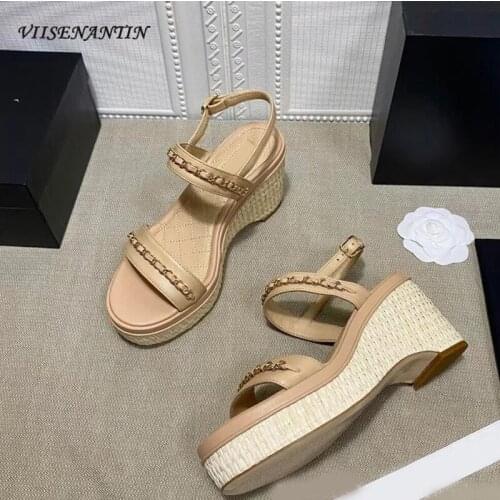 Straw woven leather metal chain decoration summer wedge heel black all-match lady high-heeled sandals women