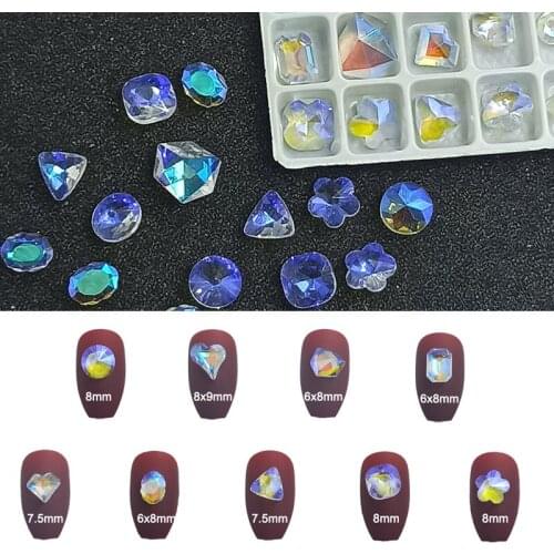 Mixed Shape Clear Aurora Nail Art Rhinestones High Quality Crystal Glass Fashion 3D Fingernail DIY Decoration 30/100pcs