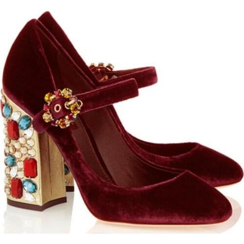 Mary Janes Purple Velvet High Heel Shoes Crystal Diamond Chunkly Heels Pumps For Women Ankle Strap Thick Heel Dress Shoes