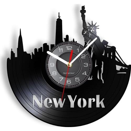 New York Skyline Vinyl Album Re-purposed Record Clock NY Artwork Statue of Liberty Vinyl Album Shadow Art Silent Move Wall Clock