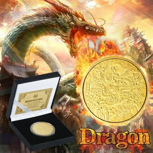 WR Chinese Ancient Dragon Coins Collectibles with Holder Gold Plated Challenge Coin Old Original Coin Gift New Year Dropshipping
