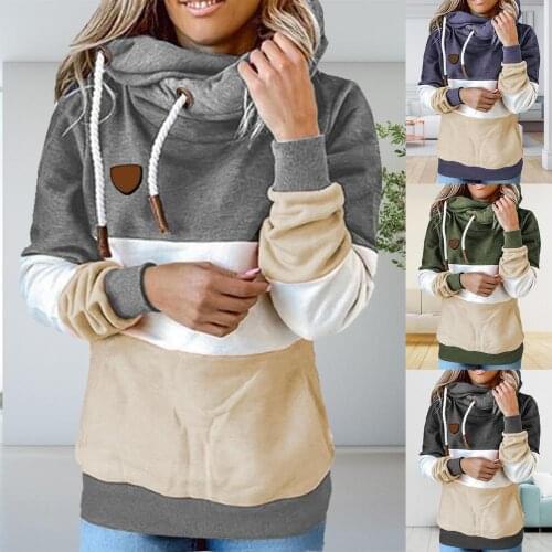 Women Autumn Winter Long Sleeve Color Block Drawstring Hooded Sweatshirt Hoodie Patchwork Fleece Casual Hoodie Loose Top Warm