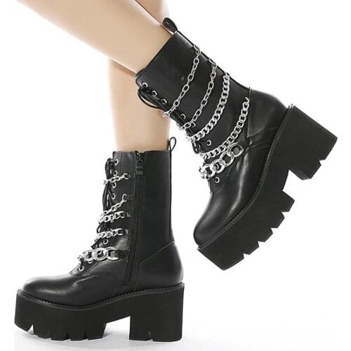 Women Leather Boots 2021 Autumn Lace-Up Motorcycle Boot Chain Gothic Shoes Ladies Ankle Bootie Rivet Chunky High Platform Bota