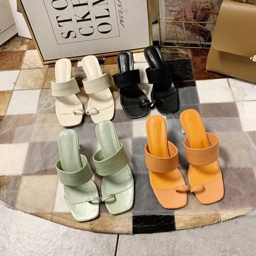 Summer New Design High Heels Women Slipper Square Toe High Quality Leather Gladiator Women Sandals Ladies Outdoor Dress Slides