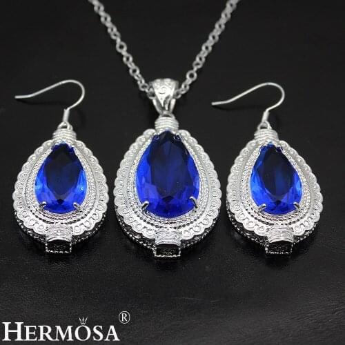 Hermosa Blue Topazz Drop Shape Jewelry Silver Color Earrings Pendant Necklace for women NY825 Fashion Party Gift
