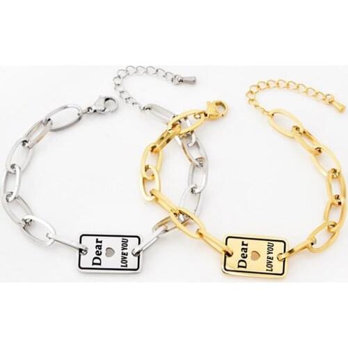 Stainless Steel Gold Rectangular Geometry Tag Engrave Dear Love You Chain Link Bracelet Bangle Gift For Him