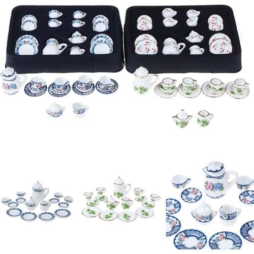 15Pcs/set 1:12 Miniature 15pcs Porcelain Tea Cup Set Chintz Flower Tableware Kitchen Dollhouse Doll House Accessories