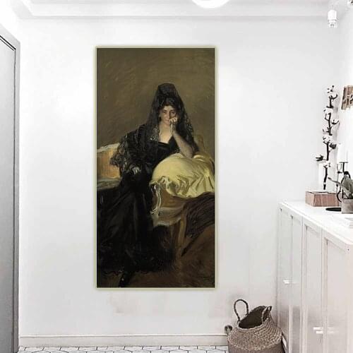 Citon Joaquin Sorolla《Portrait of Lady of Urcola wearing a black mantilla》Canvas Art Oil Painting Wall Decor Home Decoration