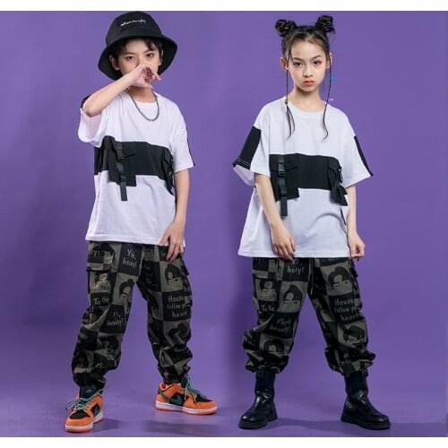 Kids Hip Hop Clothing Loose TShirt Streetwear Graffiti Tactical Cargo Pants for Girls Boys Jazz Dance Costume Rave Outfits