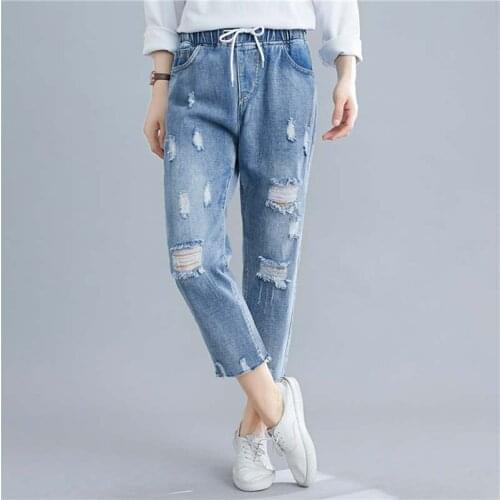 4XL Plus Size Elastic Waist Hole Ripped Jeans For Women Vintage Casual Denim Trousers Harem Pants Womens High Waist Jeans C7412
