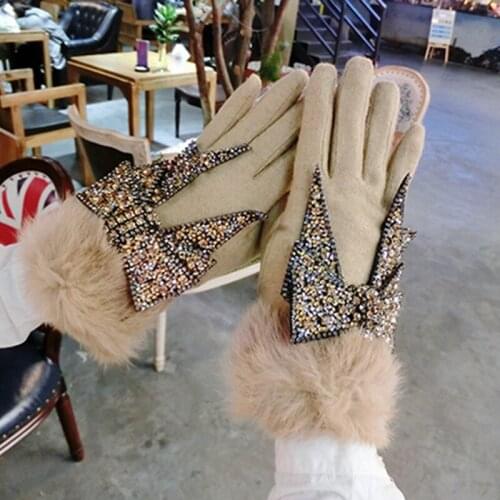 Elegant Women Winter Wool Touch Screen Gloves Rhineston Bowknot Fur Gloves Female Mittens Cashmere Double Warm Gloves Luva