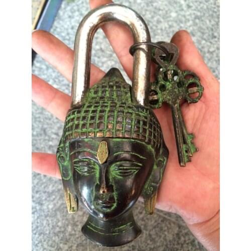 MOEHOMES Rare Chinese old style big Brass Carved buddha head statue lock with 2 keys Home decorations metal handicraft